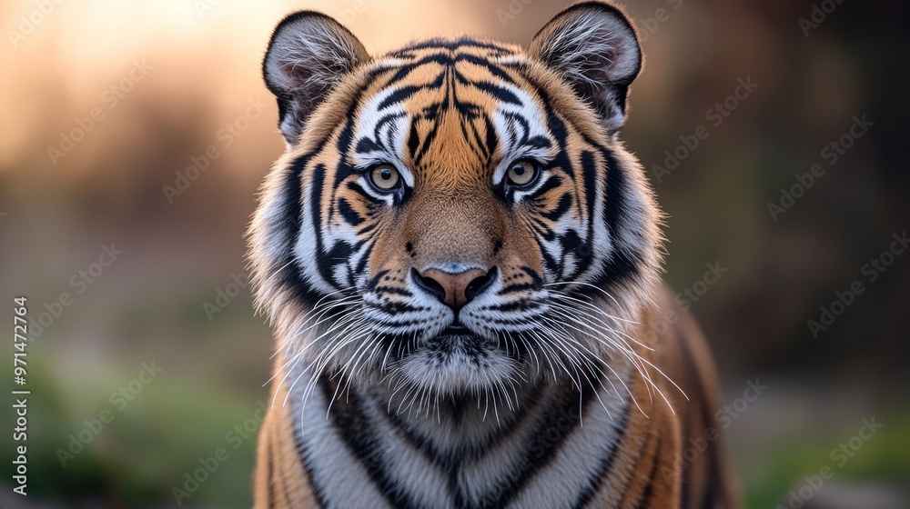 Fototapeta premium A powerful tiger focuses intently, illuminated by the soft glow of evening light