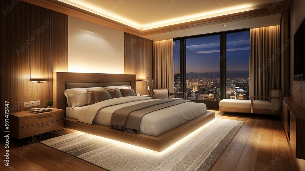 Fototapeta premium Modern Bedroom with City View and LED Lighting