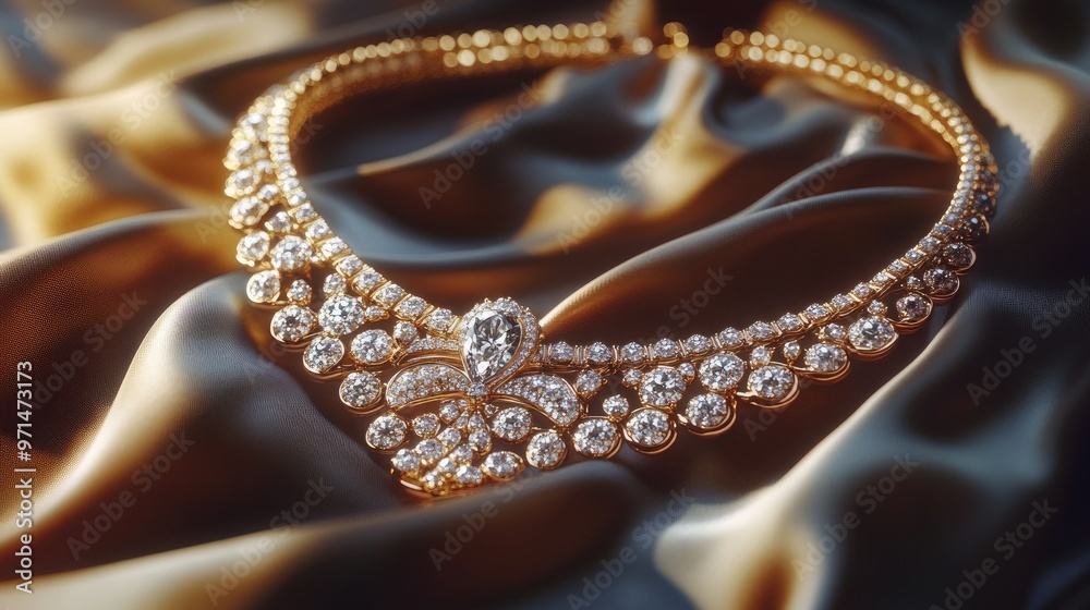 A high-end gold necklace adorned with diamonds, carefully placed on a satin fabric, capturing the timeless beauty of luxury jewelry A high-end gold necklace adorned with diamonds, carefully placed on a satin fabric, capturing the timeless beauty of luxury jewelry