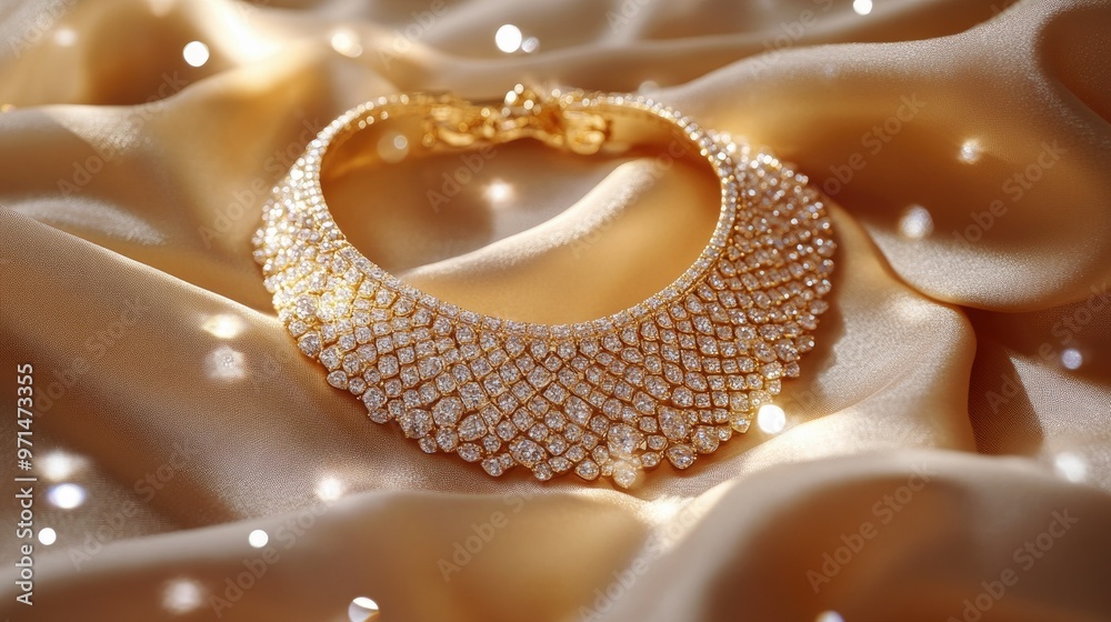 A high-end gold necklace with fine detailing, resting on a satin fabric, with sparkling diamonds and a soft, luxurious ambiance A high-end gold necklace with fine detailing, resting on a satin fabric, with sparkling diamonds and a soft, luxurious ambiance