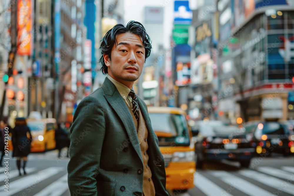Fototapeta premium Full portrait of the Japanese man, wearing green bright business suits, wearing a yellow shirts inside the jacket, wearing a blue tie.