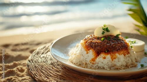 Hawaiian Beach with a Plate of Loco Moco photo