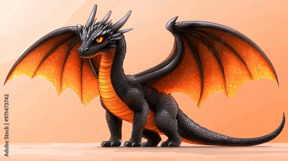 Obraz premium A fierce black dragon showcases its vibrant orange wings, exuding power and elegance