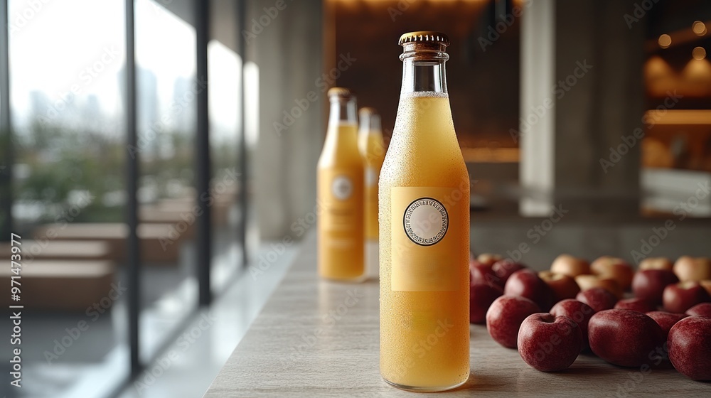 Golden-hued apple juice glows in a glass bottle beside fresh red apples Golden-hued apple juice glows in a glass bottle beside fresh red apples