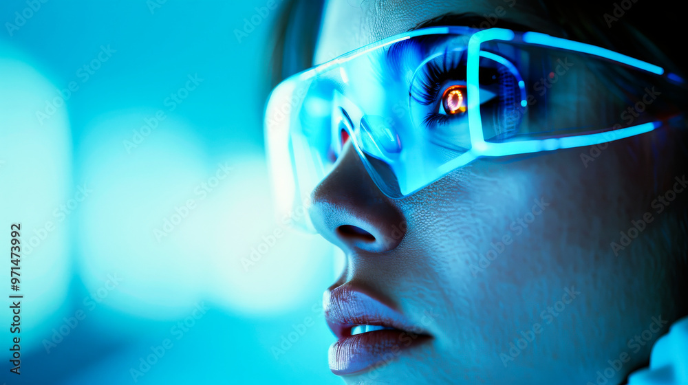 The Digital Frontier: A woman's face, illuminated by a blue glow, gazes intently through futuristic glasses, reflecting the promise of a new reality. A captivating portrait of technological advancemen
