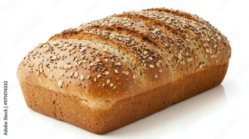 A loaf of freshly baked multigrain bread, showcasing its texture and seeds, isolated on a clean white background A loaf of freshly baked multigrain bread, showcasing its texture and seeds, isolated on a clean white background