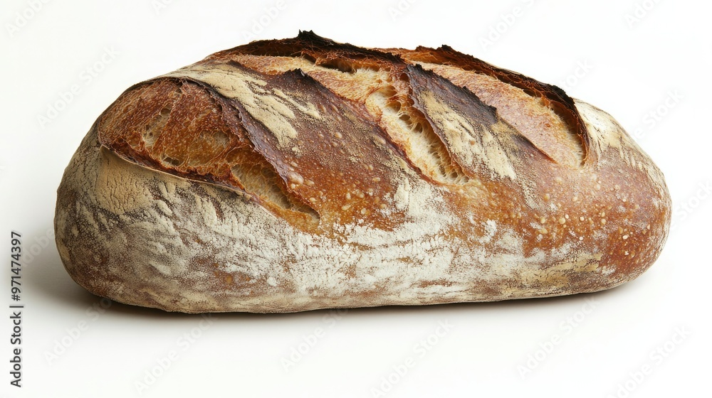 A loaf of sourdough bread with a tangy crust and airy crumb, isolated on a white surface A loaf of sourdough bread with a tangy crust and airy crumb, isolated on a white surface