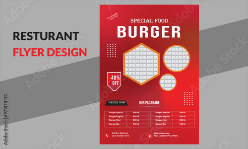 Fast food restaurant business flyer template with red color variation, food ordering, fast food, burger, and other menu in A4. 