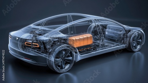 A modern electric car chassis displayed in line art 3D with an x-ray view of the battery, featuring a sleek studio setting