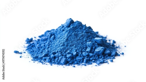 A neat heap of blue powder isolated on a bright white background, ideal for product and ingredient-focused imagery