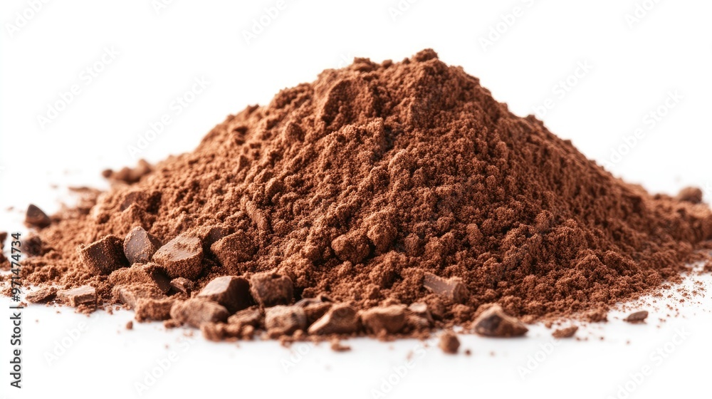 A neat pile of cocoa powder on a white background, emphasizing the rich color and fine texture of the product A neat pile of cocoa powder on a white background, emphasizing the rich color and fine texture of the product