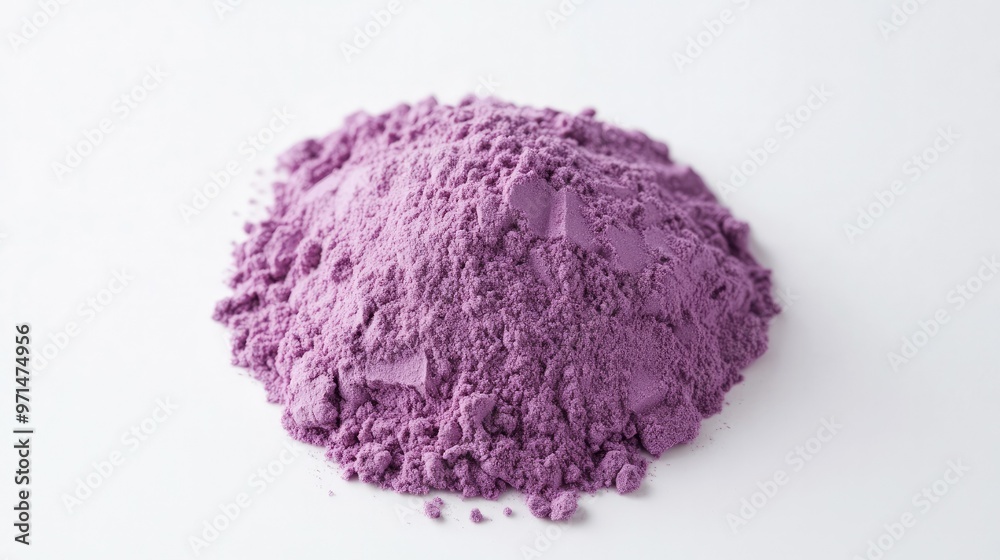 A neat pile of taro powder placed centrally on a white backdrop, emphasizing its rich, purple tone and fine consistency A neat pile of taro powder placed centrally on a white backdrop, emphasizing its rich, purple tone and fine consistency