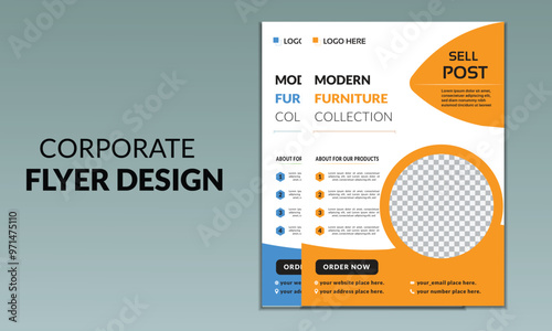 Creative Professional Modern furniture collection Flyer design template with yellow and blue color variation and duel shape and a clean background  in A4    