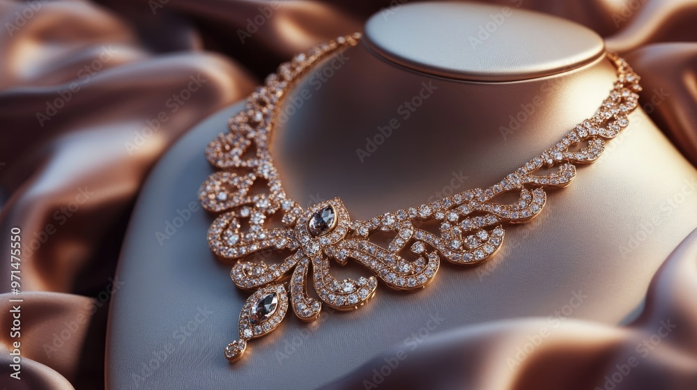 A luxurious gold necklace with intricate designs and sparkling diamonds, elegantly displayed on a satin fabric, evoking opulence and elegance A luxurious gold necklace with intricate designs and sparkling diamonds, elegantly displayed on a satin fabric, evoking opulence and elegance