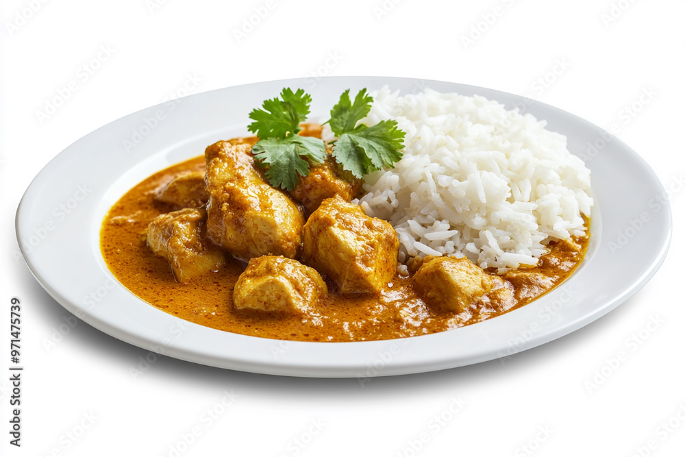 Chicken curry with rice on a white plate Chicken curry with rice on a white plate