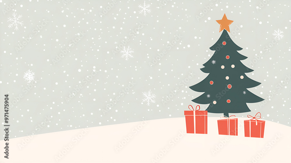 A festive Christmas tree adorned with ornaments, surrounded by colorful gifts and gentle falling snowflakes. A festive Christmas tree adorned with ornaments, surrounded by colorful gifts and gentle falling snowflakes.