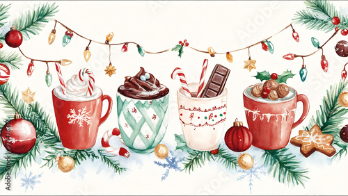 A whimsical hot chocolate bar menu, with illustrated toppings like peppermint sticks, gingerbread cookies photo