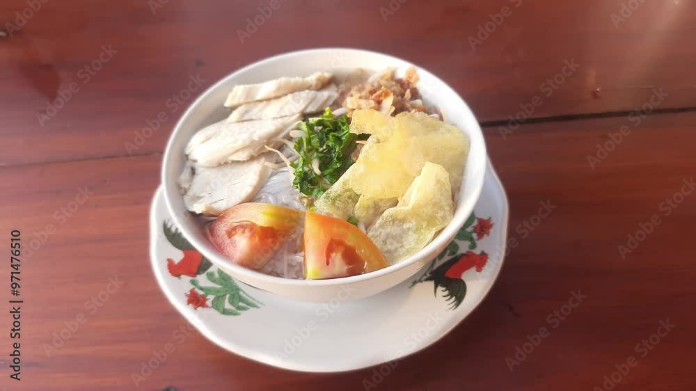 A bowl of soto ayam or chicken soup, typical Indonesian food on wooden table