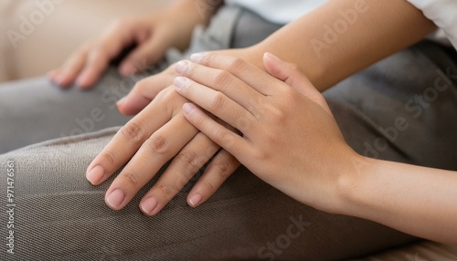 Two hands gently resting together, symbolizing comfort, support, and connection in a serene setting.