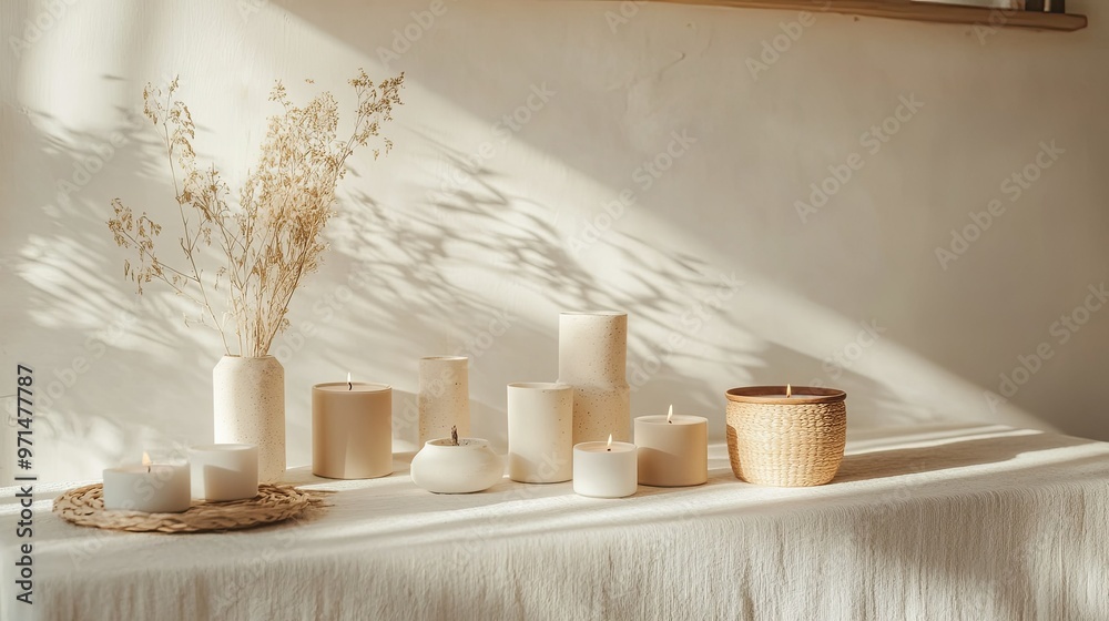 A minimalist display of handmade soy wax candles, their natural textures and simple design emphasizing sustainable living and eco-friendly materials. A minimalist display of handmade soy wax candles, their natural textures and simple design emphasizing sustainable living and eco-friendly materials.