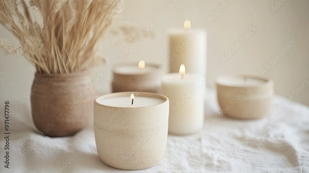 A minimalist display of handmade soy wax candles, their natural textures and simple design emphasizing sustainable living and eco-friendly materials. A minimalist display of handmade soy wax candles, their natural textures and simple design emphasizing sustainable living and eco-friendly materials.