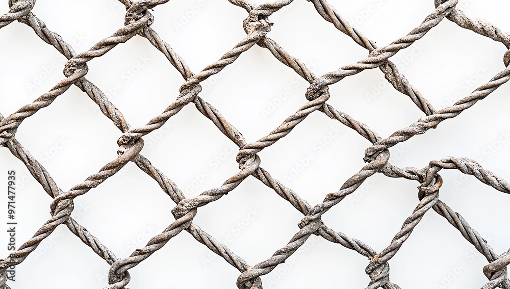 Fototapeta premium Close-up of a wire mesh fence isolated on a white background