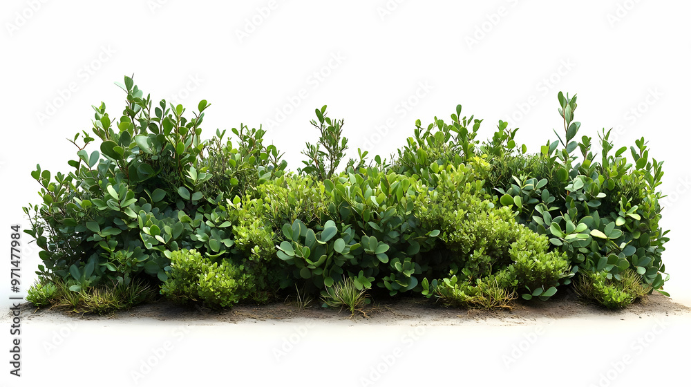 A dense arrangement of green shrubs and plants against a white background. A dense arrangement of green shrubs and plants against a white background.