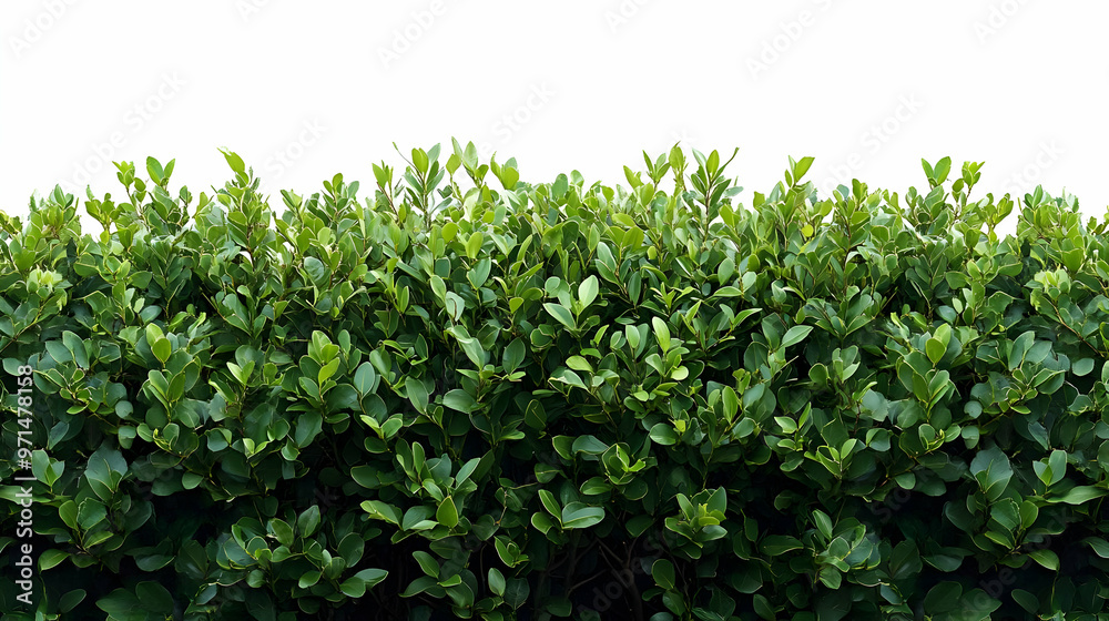 A dense green hedge with lush leaves against a plain background. A dense green hedge with lush leaves against a plain background.