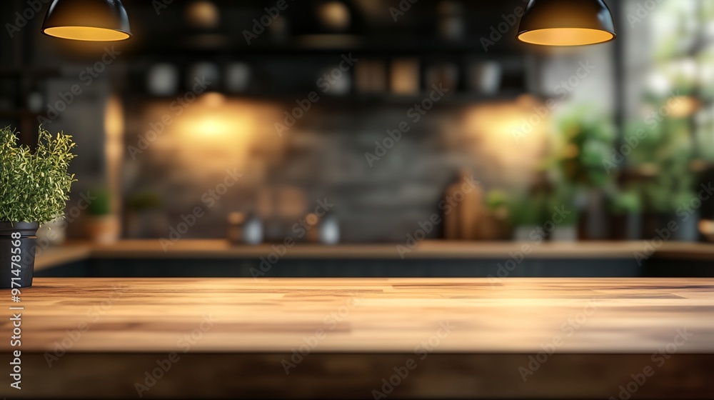 a wooden table with a potted plant on it in a room with lights a wooden table with a potted plant on it in a room with lights