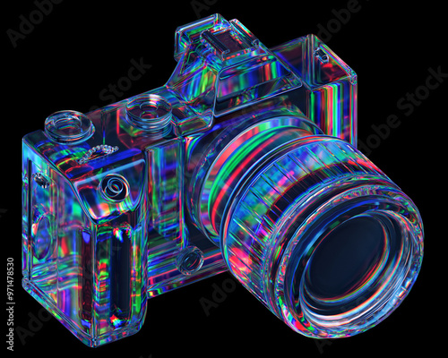 Acrylic 3d camera with colorful dispersion effect on black background, 3d render