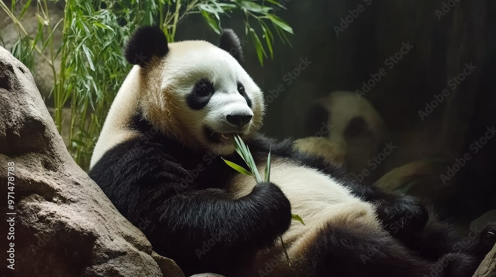 Obraz premium A panda laying back in its zoo enclosure, chewing on a bamboo stalk with a satisfied look. The scene captures the peaceful life of pandas in captivity