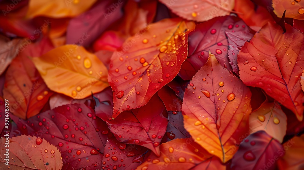 Obraz premium a pile of red and yellow leaves with water droplets on them