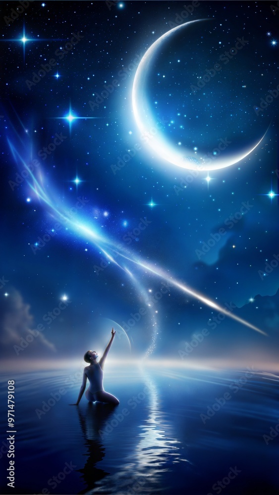Fototapeta premium Dreamy scene of a woman reaching for the stars and crescent moon in a mystical night sky