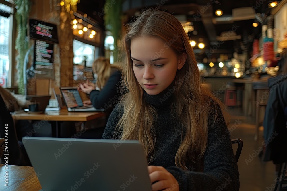 Woman coding in a coffee shop, with a cozy background and code on her laptop Woman coding in a coffee shop, with a cozy background and code on her laptop