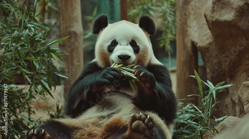 A panda sitting up in the zoo, holding bamboo in its paws and chewing happily. The zoo enclosure provides a peaceful backdrop for the pandaaes meal photo