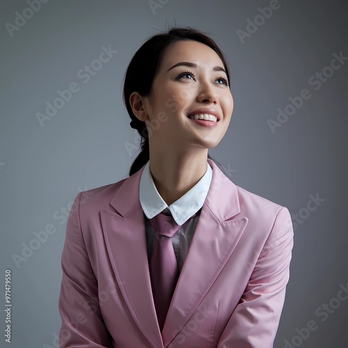 Strong Asian businesswoman in pink suit. She is smiling and looking up. photo