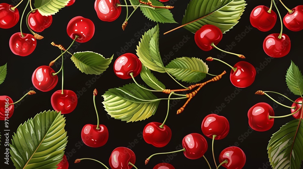 A vibrant pattern of red cherries and green leaves against a black background.