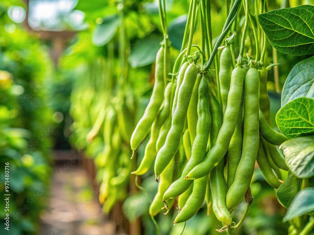 Bundles of vibrant green hyacinth beans dangle from the vine, their delicate tendrils curling through the air as the background blurs into softness. Bundles of vibrant green hyacinth beans dangle from the vine, their delicate tendrils curling through the air as the background blurs into softness.