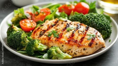 A plate of roasted, grilled chicken breast with fresh salad and tender broccoli. A perfect nutritious and balanced meal for those who focus on clean eating and health