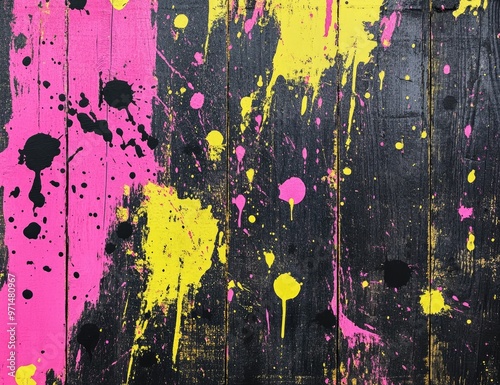 Close-up of a wooden surface with pink, yellow, and black paint splatters.