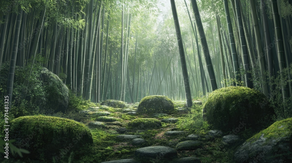 Fototapeta premium A quiet bamboo forest with tall, green bamboo stalks reaching toward the sky, while moss-covered stones and the forest floor create a serene, peaceful setting