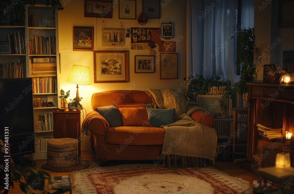 Cozy Living Room Interior with Warm Lighting Cozy Living Room Interior with Warm Lighting