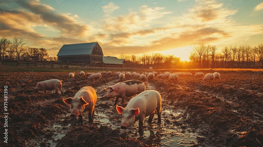 Obraz premium Pigs in a Muddy Field at Sunset