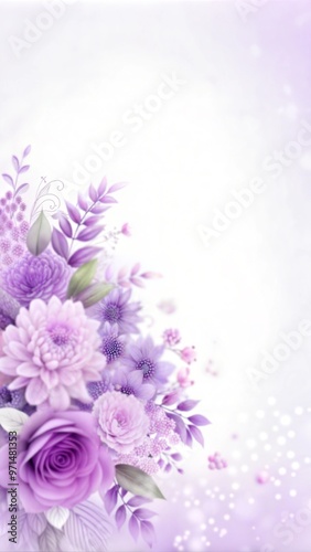 Floral arrangement in soft pastel colors with purple flowers and copy space