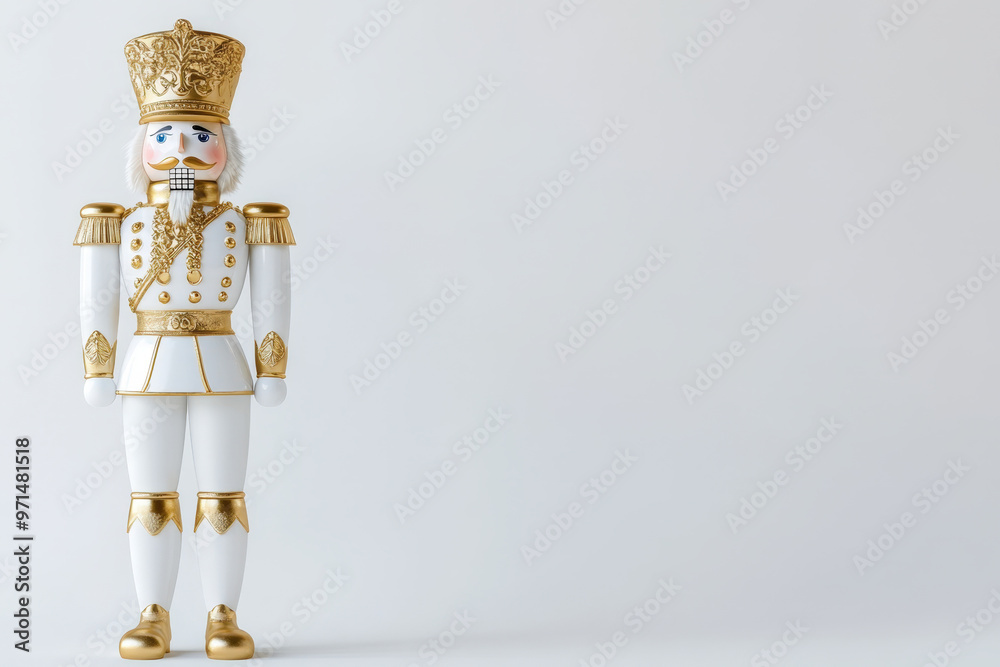 White and gold traditional nutcracker is standing at attention in front of a white background White and gold traditional nutcracker is standing at attention in front of a white background