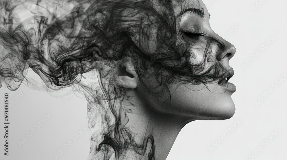 Fototapeta premium A woman's face obscured by abstract smoke-like patterns
