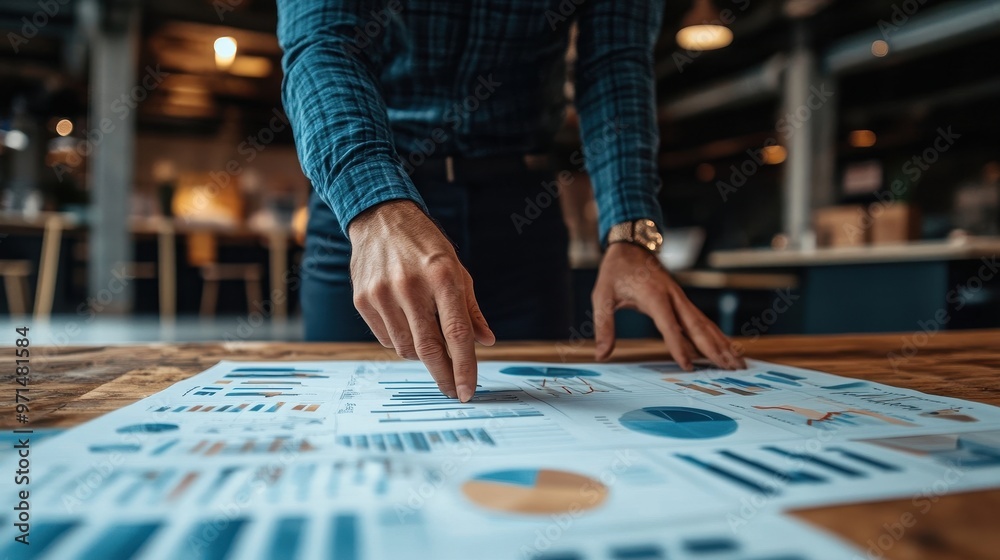 A person points at a set of charts and graphs on a wooden table in a modern office setting, ideal for representing business analysis, financial planning, or a team meeting presentation, A person points at a set of charts and graphs on a wooden table in a modern office setting, ideal for representing business analysis, financial planning, or a team meeting presentation,