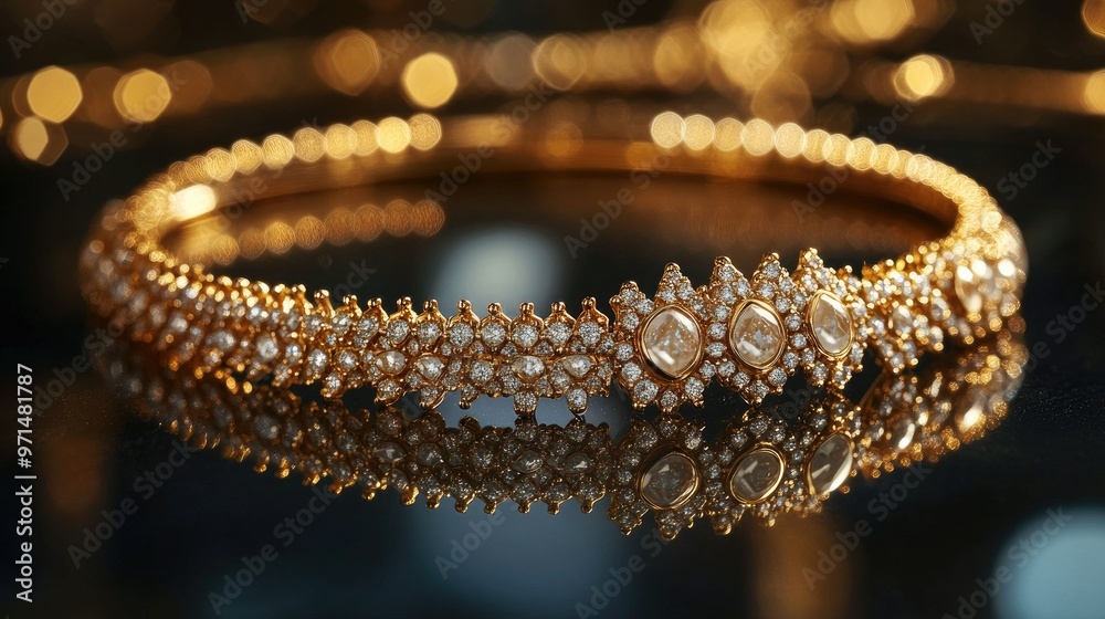 Close-up of a gold necklace with diamond detailing, arranged on a reflective surface, showcasing its fine craftsmanship and luxurious appeal Close-up of a gold necklace with diamond detailing, arranged on a reflective surface, showcasing its fine craftsmanship and luxurious appeal