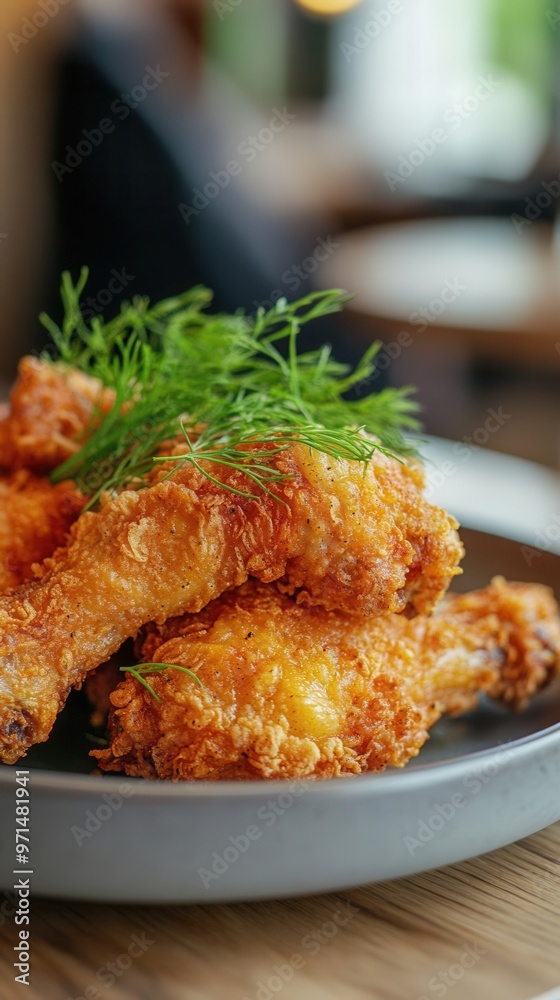 Crispy chicken skin served on a plate with garnish, crispy chicken, delicious texture Crispy chicken skin served on a plate with garnish, crispy chicken, delicious texture