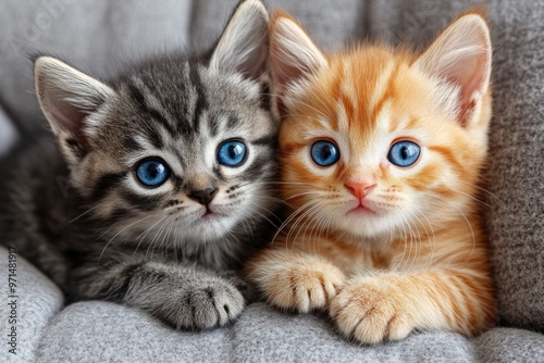 Two adorable kittens cuddle together, displaying their striking blue eyes and playful expressions